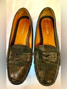 Prada green color for woman Croc-Embossed Leather Loafers